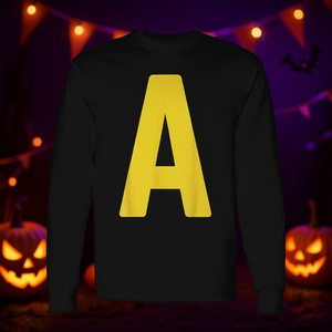Camiseta de manga larga con letra A amarilla sobre negro para fiesta de disfraces de Halloween - Product Image 3