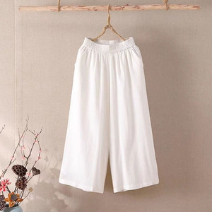 Women's Cotton Linen Wide Leg Pants Solid Color <b>Elastic</b> Waist Loose Fit Casual Seven Point Pants Plus Size - Product Image 3