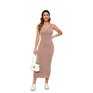 Của phụ nữ giản dị Crew Neck Maxi Dress rắn gân Bodycon với sexy chia đùi không tay và mỏng phù hợp với mặc quần áo