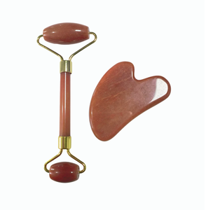 Rodillo masajeador gua sha de piedra de aventurina roja natural para el cuidado facial, kit de cuidado de belleza - Product Image 1