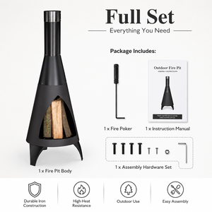 Cheminée à bois conique en acier noir avec cheminée haute et pique à bois pour patio et foyer extérieur - Product Image 2
