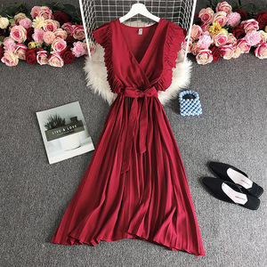 <span class=keywords><strong>Robe</strong></span> d'<span class=keywords><strong>été</strong></span> pour femmes Vintage Hepburn Style Waisted Thin Pleated Dress Temperament Swing Long Casual Dress With Belt Waist - Product Image 2