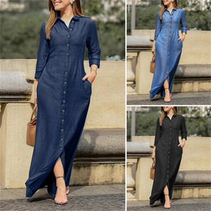 2022 donna taglie forti autunno nuovo <span class=keywords><strong>abito</strong></span> Casual in <span class=keywords><strong>Denim</strong></span> <span class=keywords><strong>lungo</strong></span> alla moda abiti da donna tinta unita con bottone tascabile camicia - Product Image 2