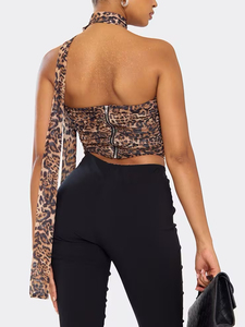 Fashionable Summer <strong>Bandeau</strong> Scarf Detail Corset <strong>Top</strong> in <strong>Brown</strong> Leopard PrintCrop <strong>Tops</strong> for Women - Product Image 4