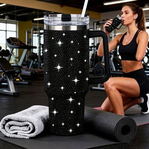 Luxury 40 Oz Stainless Steel Tumbler Handle Lid Bling Rhinestone for Party Vacuum <b>Insulated</b> Portable Car <b>Mug</b> - Product Image 4