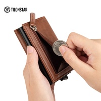 Porte-cartes de crédit en cuir avec blocage RFID, portefeuille automatique à ouverture rapide, porte-monnaie fin, double étui pour cartes