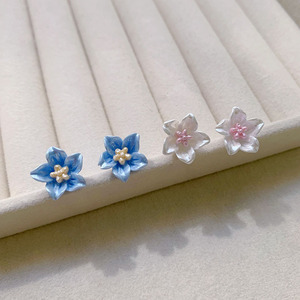 925 Sterling Silver Flower <b>Stud</b> <b>Earrings</b> <b>Blue</b> And Pink For Women Everyday Wear - Product Image 2