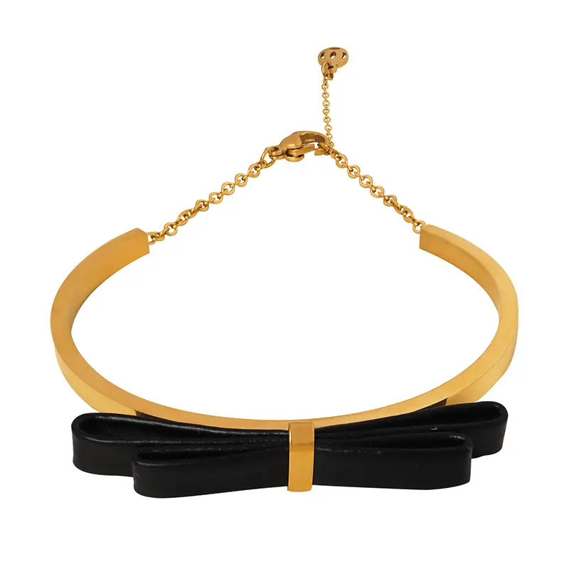 Europa Exquisite schwarze Leder Schleife Armreif Armbänder 18 Karat vergoldet Edelstahl Armband für Frauen
