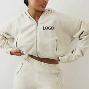 Sudaderas con capucha cortas de algodón de alta calidad personalizadas para mujer, con cremallera completa, bordado/estampado de parches de felpa. - Product Image 1