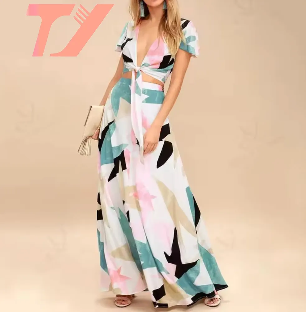 Tuoyi Phụ Nữ Của Boho Thiết Kế Thời Trang Kỹ Thuật Số In Hoa Polyester Voan Giản Dị Maxi Dresses Và Top
