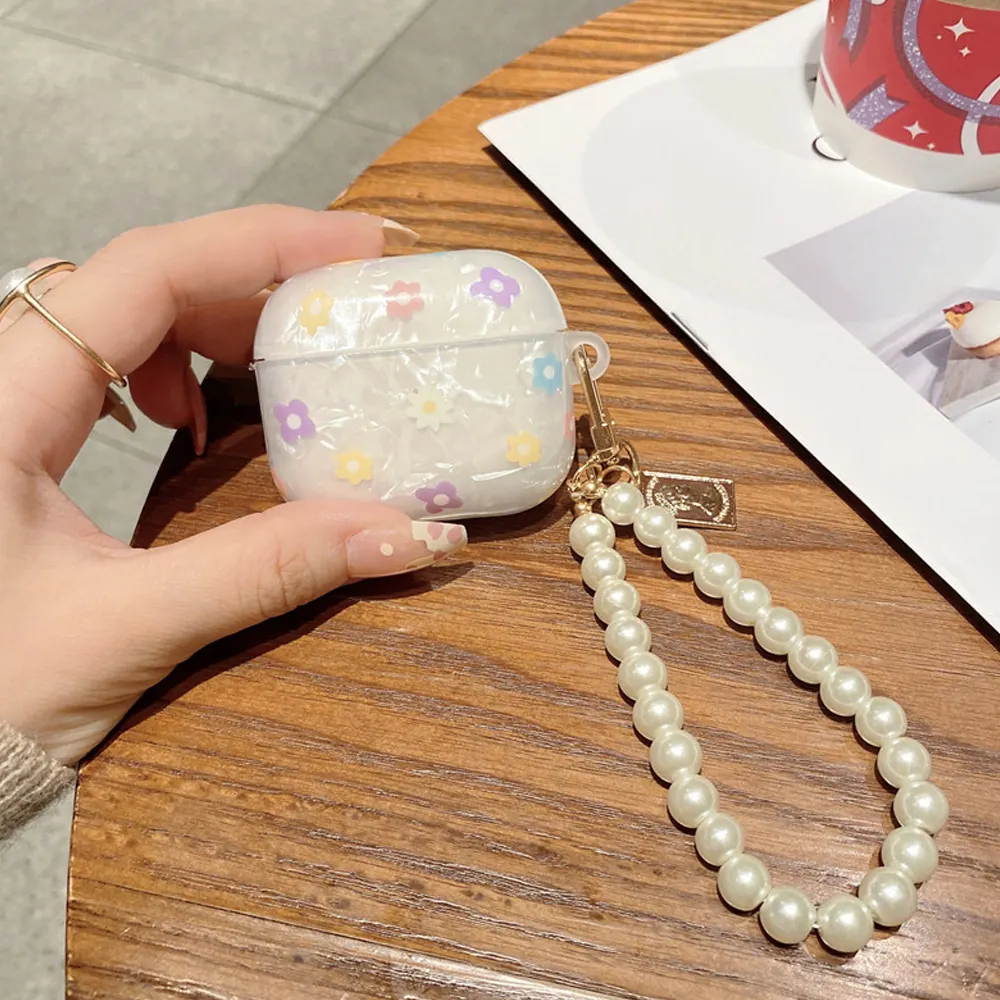 เคสไข่มุกดอกไม้น่ารักสุดหรูสำหรับ Apple airpods 1 2 3 Pro เคสสร้อยข้อมือสำหรับ airpods Pro พร้อมพวงกุญแจหูฟัง