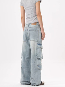 Pantalon cargo en jean ample et décontracté bleu clair pour homme, qualité supérieure, faible MOQ, directement de l'usine de Guangzhou, style urbain uni et tendance - Product Image 4