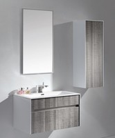 Meuble-lavabo flottant minimaliste blanc et gris avec tiroirs sans poignées, miroir sans cadre et armoire de rangement, certifié CE