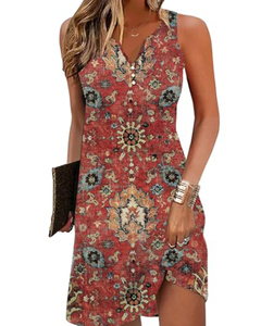 Elegante Abito Estivo Vintage da Donna con Scollo a V, Stampa Bohémien, Senza Maniche, Lunghezza Midi con Paillettes - Product Image 4