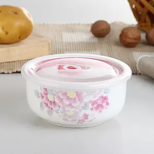 Großhandel billig Porzellan Salat Obstschale Keramik Küche Lebensmittel frisch Lagerung Siegel Schüssel mit Kunststoff deckel gesetzt