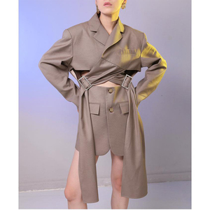 A cuadros de mujeres Irregular <span class=keywords><strong>Mujer</strong></span> Chaquetas de manga larga Cruz vendaje hebilla de dos <span class=keywords><strong>traje</strong></span> de abrigo - Product Image 5