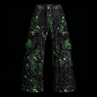 Pantalones Cargo de Mezclilla Negros para Hombre DiZNEW, Bordado Floral Verde, Pierna Ancha, Estilo Urbano, Múltiples Bolsillos con Cremallera, Personalizados OEM ODM