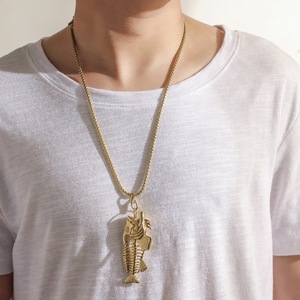 Collier pendentif en acier inoxydable motif os de poisson, style rétro, bijoux personnalisés, cadeau hip-hop rock, vente en gros - Product Image 1