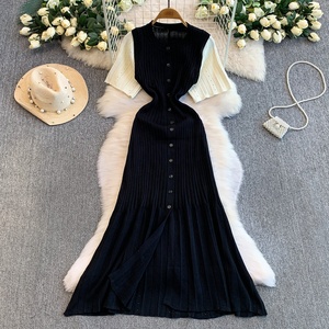 Vestido de punto con cuello redondo y cremallera para mujer, otoño/invierno, con cintura elástica y falda elegante con drapeado. - Product Image 5