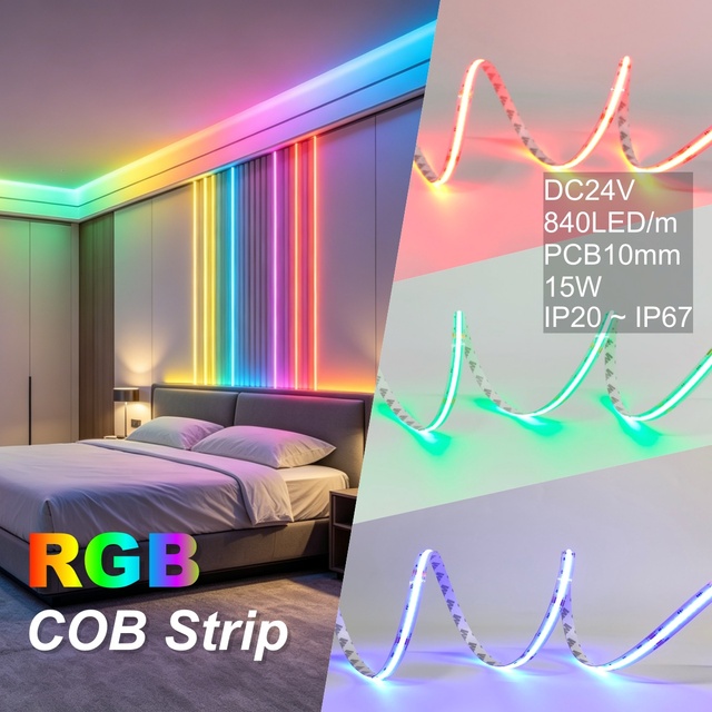 Smart Control RGB LED Tape Light 24V Flexible COB Strip Light 840LEDs/m PCB10mm Custom IP20~IP67 for Retail/Bar/Furniture Strip