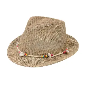 JAKIJAYI hat supplier summer men handmade crochet Custom Sea grass fedora hat decorated with shells