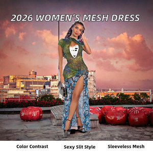 Nuevo Vestido Largo de Verano 2026 para Mujer, Cintura Imperio, Antiestático, de Una Pieza, con Contraste de Color, Estampado, Sexy, con Abertura, Sin Mangas, de Malla - Product Image 2