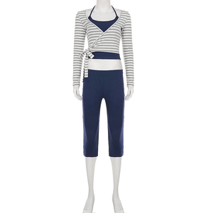European casual halter <b>blue</b> <b>vest</b> stripe contrast tie cardigan tight flattering mid pants yoga wear set - Product Image 6