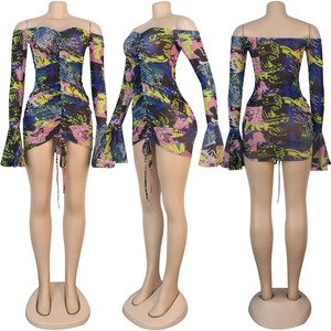 Abito Mini Plissettato Sexy da <span class=keywords><strong>Donna</strong></span> con Stampa Primaverile, Spalle Scoperte, Maniche a Campana, per Feste e Club - Product Image 5