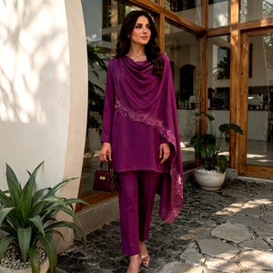 SADIA AUN HUTE COUTURE Elegant Purple Silk <b>Kurta</b>/Kurti Lace Trim Regular Fit Floor-Length <b>Women</b> Formal Wear Quick Dry Sun - Product Image 1
