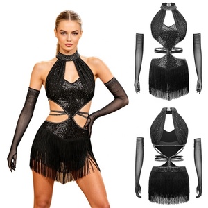 Women Practice Wear Training Latin Dance Fringed Dress With Long Gloves <b>Sequined</b> Dresses For Performance Competition Stage Shows - Product Image 5