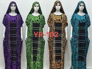 Robe Longue Africaine Décontractée en Coton à Manches Courtes Ample pour Femme Imprimé Motif avec Ensemble Foulard et <span class=keywords><strong>Boubou</strong></span> Orné de Diamants - Product Image 4