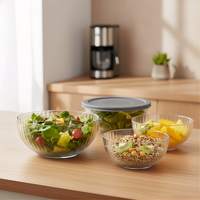 Mangkuk Salad Besar Kaca Borosilikat Tinggi Kustom Grosir dengan Tutup PE untuk Dapur, Piknik, Pesta, Desain Modern Ramah Lingkungan