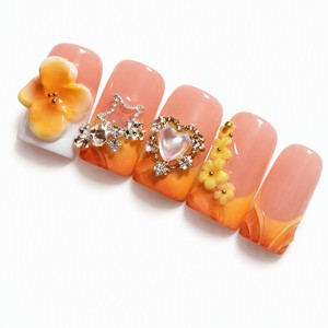 Pink <b>Orange</b> Gradient <b>Press</b> on Nails 3D Flower Rhinestone Heart Star False Nail Set for Salon Party - Product Image 5