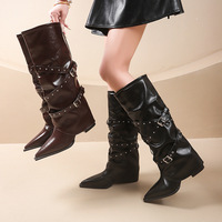Bottes d'hiver rétro à bout pointu, en cuir souple fait main, avec rivets, style cavalier, à talon épais et haut pour femmes