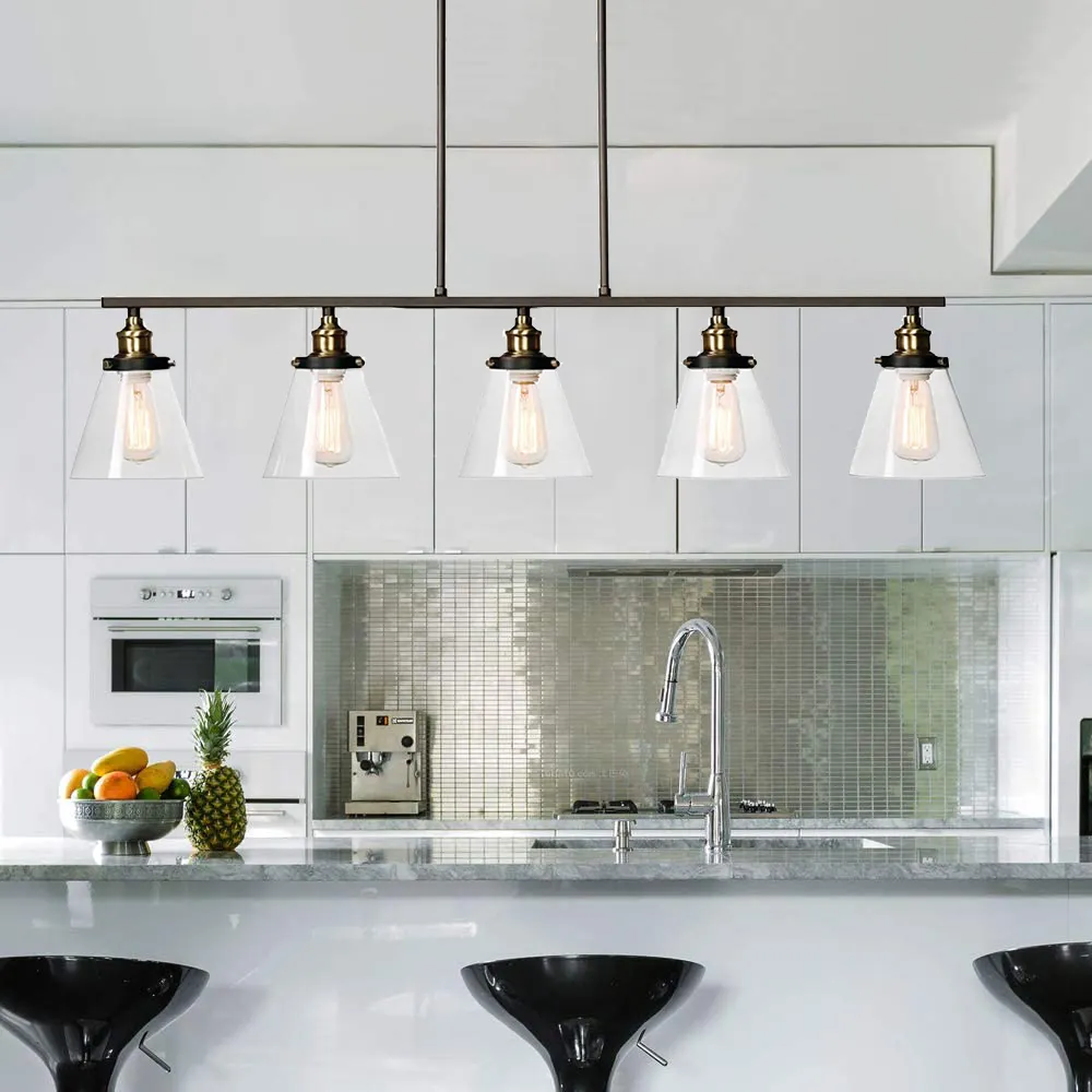 5 Light Lustre En Fer Linear Industrial Glass Shade Chandelier New Modern Led Pendant Lamps for Kitchen Island