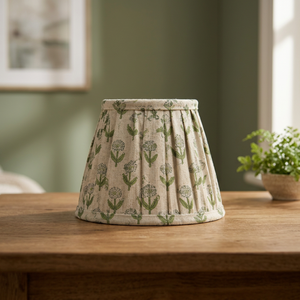 Green Floral Linen <b>Lampshade</b> | Decorative Pleated Fabric Drum Shade for Modern & Classic Interior Décor - Product Image 2