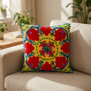Meilleure collection de qualité de taie d'oreiller en coton jaune brodé à la main coussin décoratif pour la maison ou l'hôtel en vente! - Product Image 3