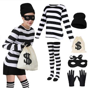 Stadget 6Pcs Robber Costume Women Black White Striped Burglar Outfit Halloween Cosplay Dress Up - Product Image 1