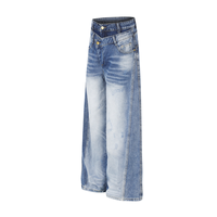 Celana Jeans Pria Grosir Model Double Waistband Straight Leg Vintage Washed Denim Heavyweight 2026 Gaya Baru Streetwear Custom OEM