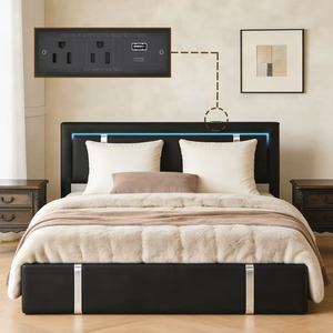 Modern Elegant Full Size Lift up Storage <b>Bed</b> Frame with Adjustable <b>LED</b> Lights Headboard Faux Leather Upholstered Platform <b>Bed</b> - Product Image 1
