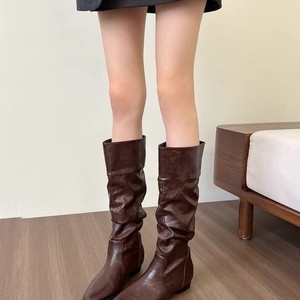 Short Retro Pointed-Toe Knee-High <b>Boots</b> with Built-in Heels for Women Hot Girl Biker <b>Boots</b> Slim-Fit Knee-High <b>Boots</b> - Product Image 5