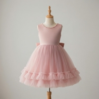Robe de princesse en satin rose poudré pour filles avec col en perles, élégante robe de demoiselle d'honneur pour enfant de 1 à 12 ans