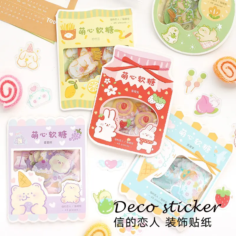 6 Designs 45 Pcs/bag Cartoon Style Cute Heart Soft Candy Series Creative Hand Account Deco DIY Collage Material Sticker JIUMO