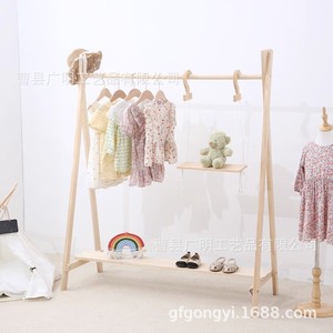 Perchero de madera maciza para habitación infantil, organizador de almacenamiento de ropa con 2 niveles, color natural - Product Image 3