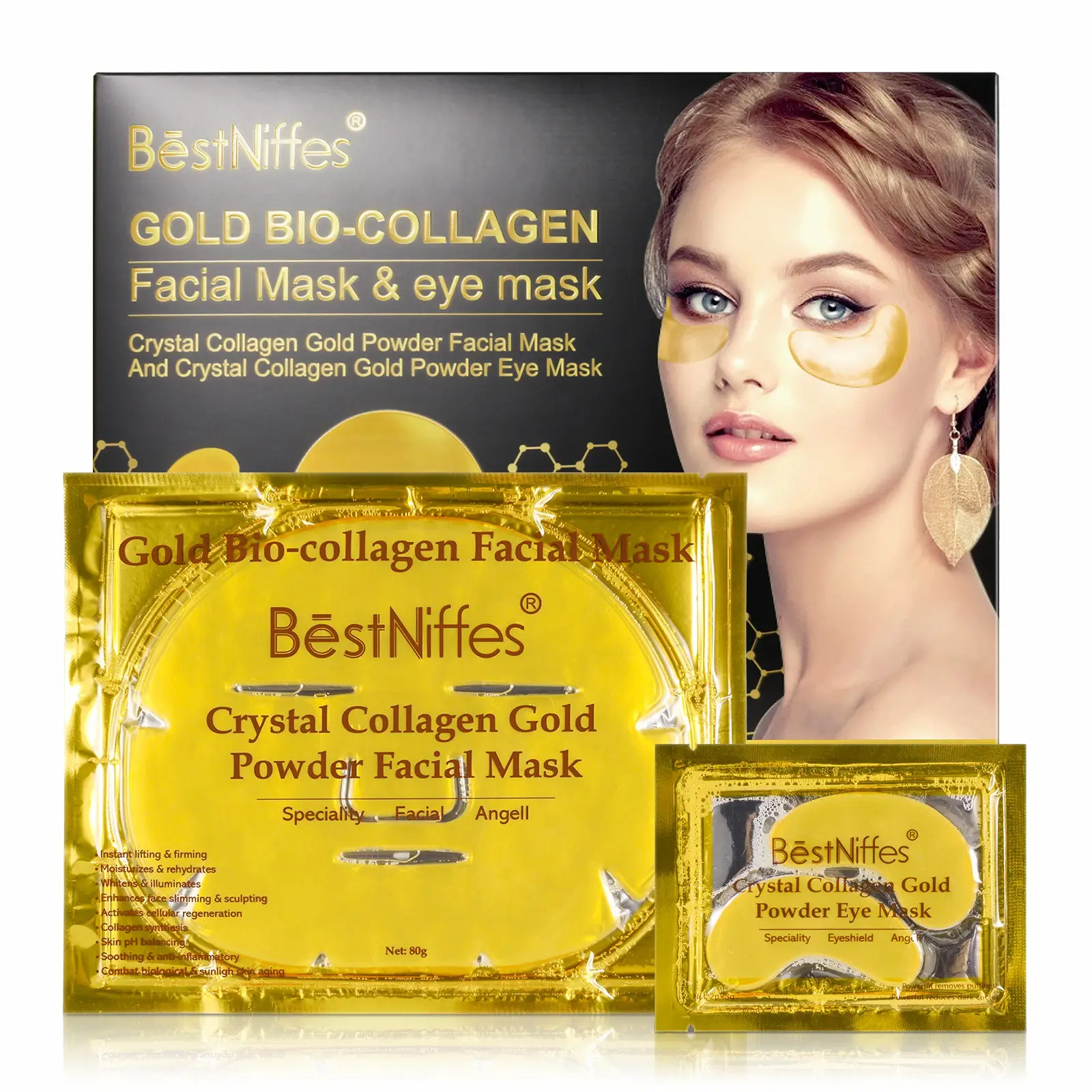 BESTNIFFES Großhandel 24 Karat Gold Kristall kollagen Feuchtigkeit spendende feuchtigkeit spendende straffende Augen maske und Gesichts masken set