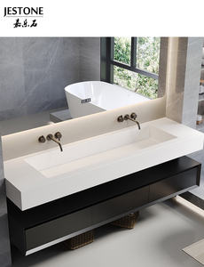 맞춤형 돌 욕실 가구 플로팅 카라라 화이트 대리석 더블 싱크 화장대 손 예술 디자인 세면대 - Product Image 4