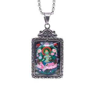 Colgante Thangka de Tara Verde, Collar con Bisel Rectangular de Acero Inoxidable para Hombre y Mujer, Regalo 216040 - Product Image 5