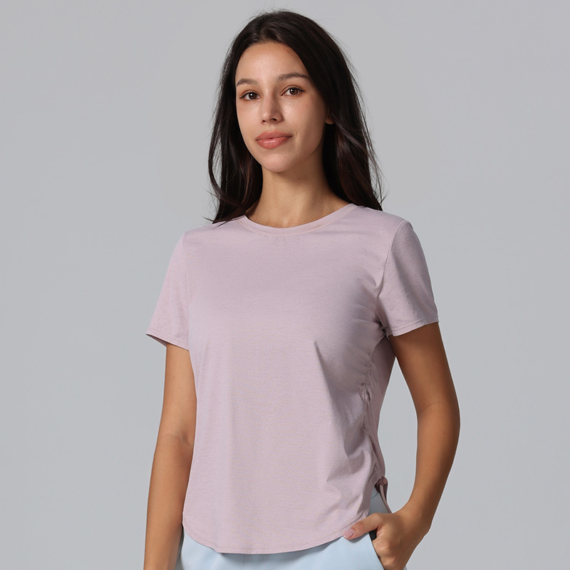 Women's Drawstring Side Short Sleeve Workout Shirts Athletic Tops Breathable Yoga Curve Hem Classic Round Neck Sports T-Shirts