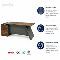 Bureau de direction bicolore en noyer, écologique, avec armoire de rangement mobile, certifié BIFMA, en acier renforcé, robuste, moderne, pour villa