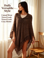 Poncho en tricot ajouré à franges avec col à revers pour femme, châle cape triangulaire doux et respirant